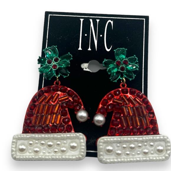 INC International Concepts Jewelry - NEW Macys Santa Hat Earrings Gold Imitation Pearl Holiday Christmas Novelty FLAW